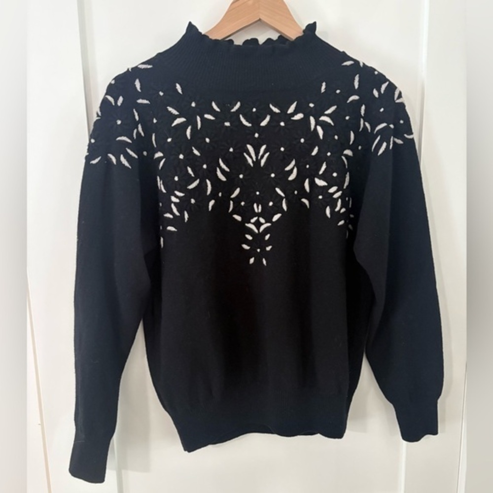 Black Sweater with ivory Embroidered Floral Yoke Detail mock neck medium